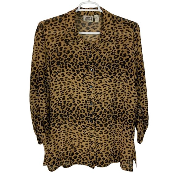 Chico's Design Leopard Print Blouse Size 3 (XL) Silk Tab Sleeve Lightweight - Picture 1 of 4
